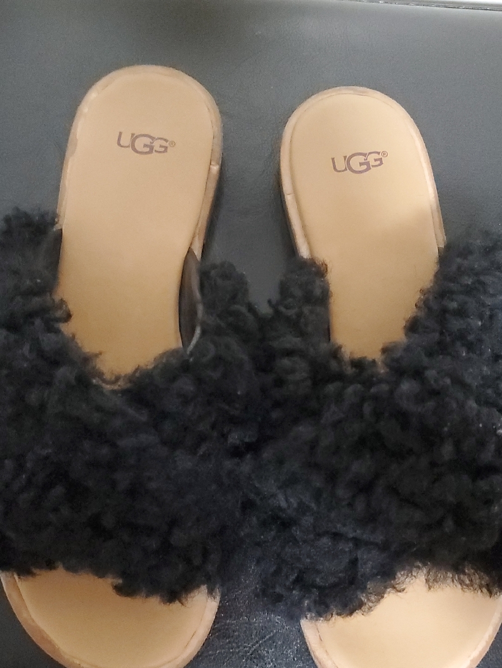 UGG Black Shearling Slide Sandals with Tan Footbed